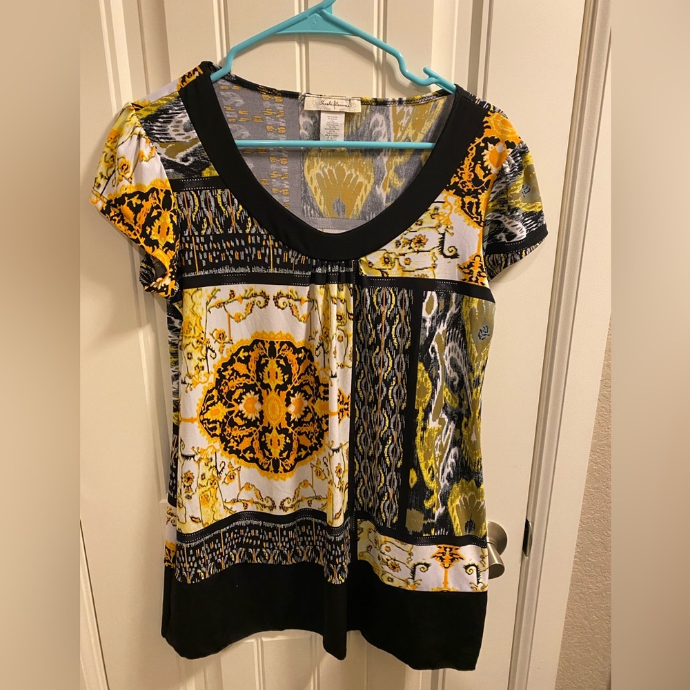 Sushi Flower L Blouse Stretch Large Top Lg Shirt Black Yellow